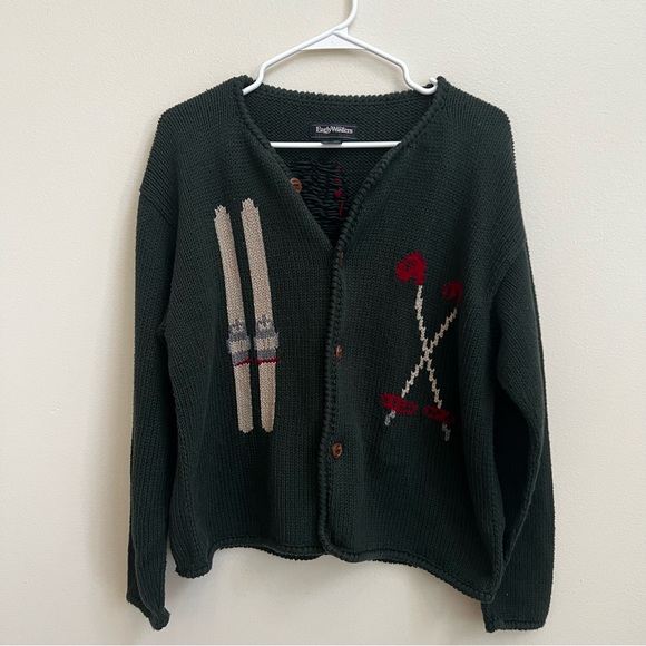 80s EARLY WINTERS Heavy Cotton Ski Poles Boot Knit Cardigan Sweater Green size M - Picture 1 of 5